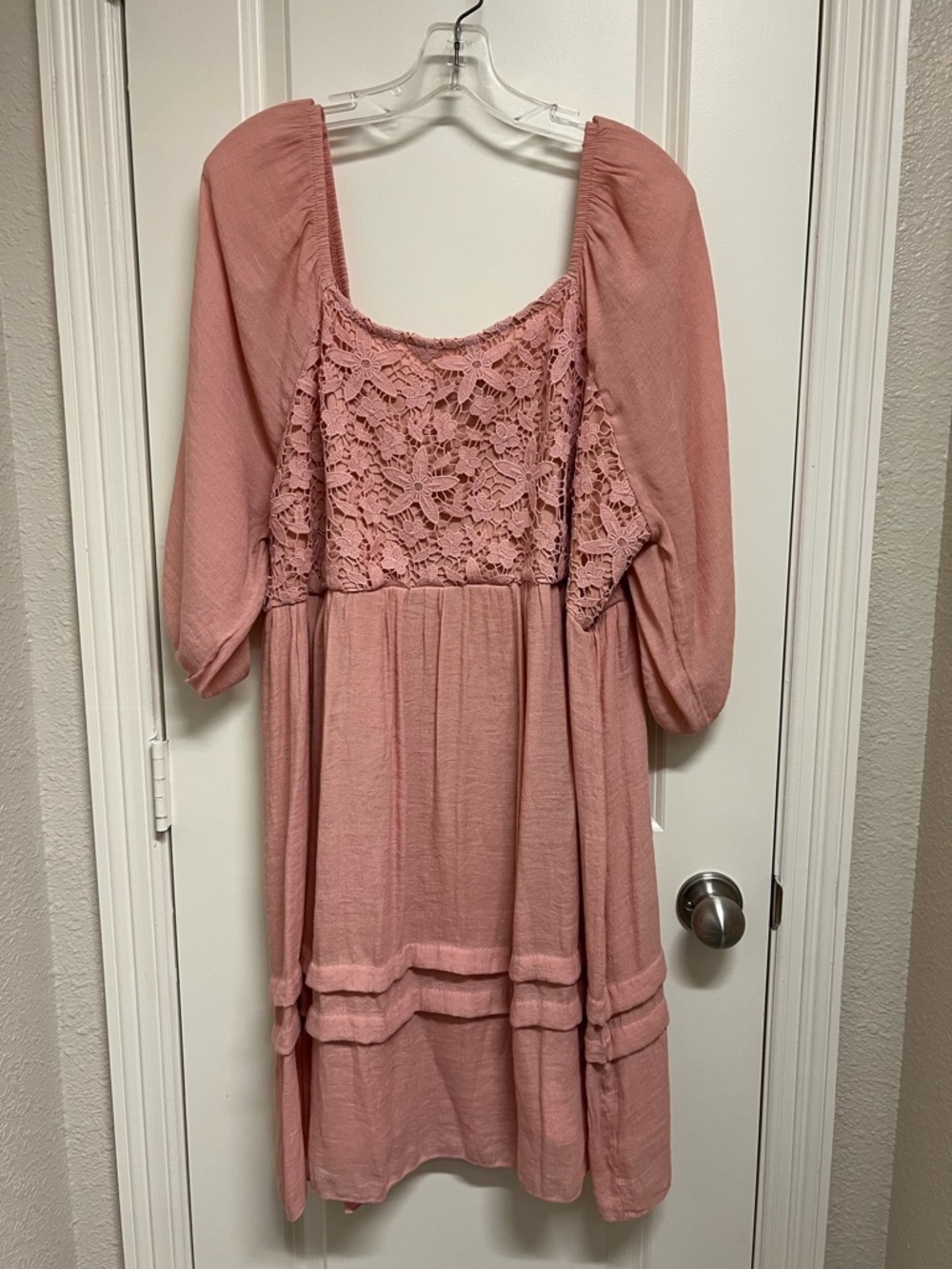 J Gee Size 1X Pink Crochet Square Neck Puff Sleeve Midi Dress Cottage Feminine